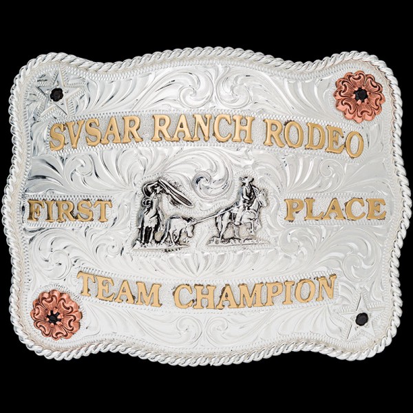 The Midland Custom Belt Buckle is a beautiful silver buckle with a german silver hand engraved base and rope edge. Customize this buckle design for your next rodeo trophy!